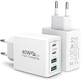 2-Pack Ladegerät, 4-Port Adapter Mehrfach mit USB-C und USB-A, 40W Schnellladegerät PD 3.0 Fast Charger Power Netzteil für iPhone 15 14 13 12 11 SE XS XR 8, iPad, Samsung